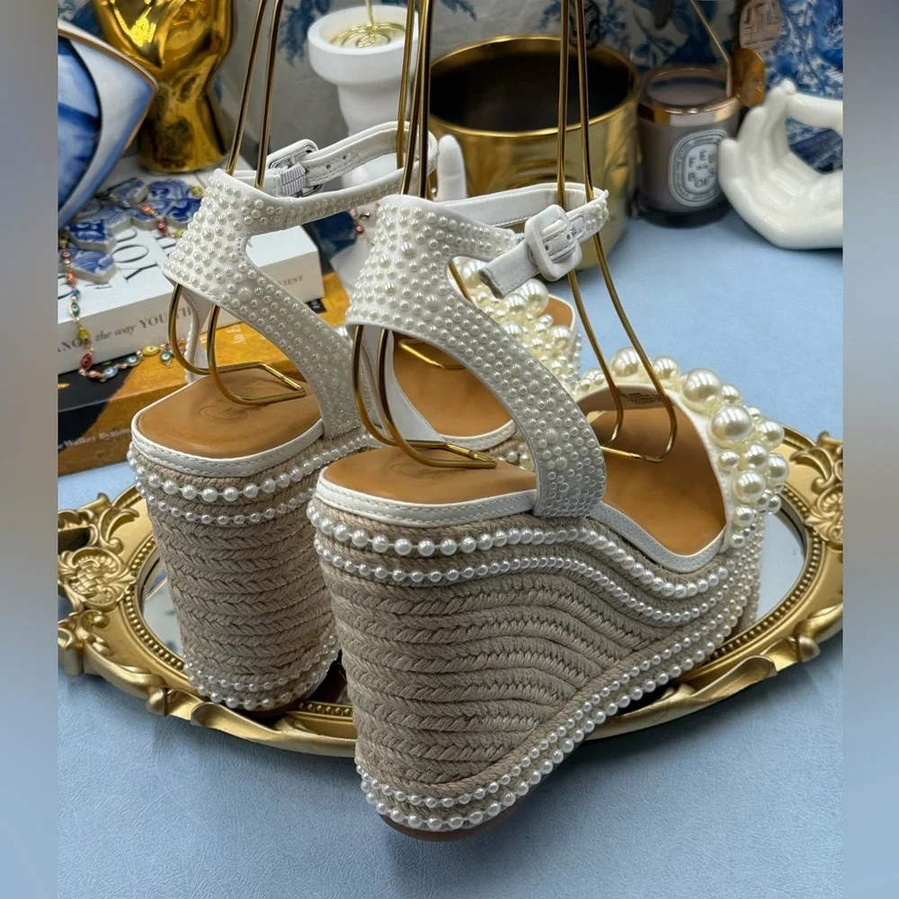 🆕 GIANNI BINI 🧿 NWOB Savanna Pearl Ornamented Platform Wedge Sandals, Sz 8.5